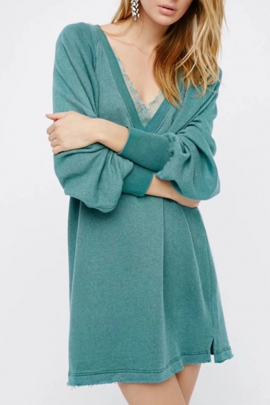 Sexy Lace Panel Plunge Neck Long Sleeves Plain Shift Sweatshirt Mini Dress