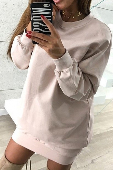Simple Basic Plain Round Neck Long Sleeves Pullover Sweatshirt Mini Dress