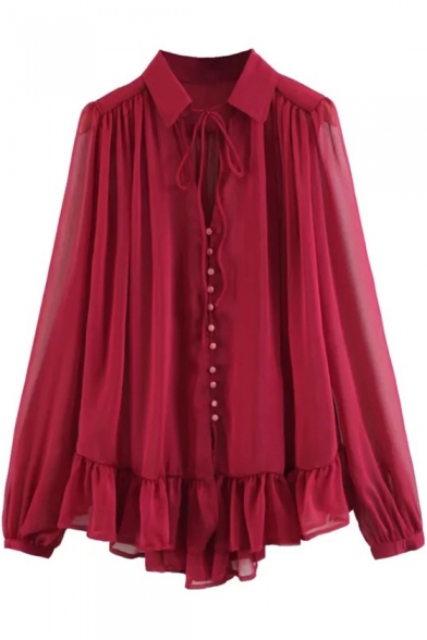 Spring Collection V-Neck Button Down Ruffle Hem Pleated Loose Blouse