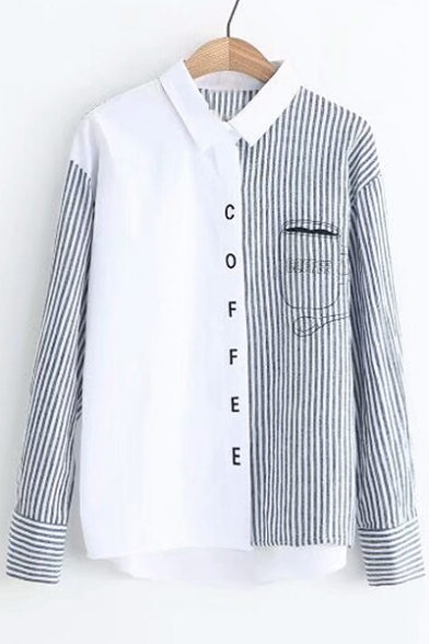 Stylish Color Block Striped Letter Coffee Embroidered Long Sleeves Button Down Shirt