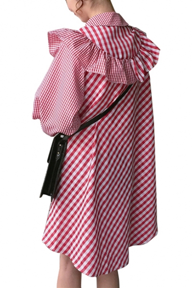 Stylish Striped Plaids Patchwork Lapel Ruffle Detail Button Down Mini Shirt Dress