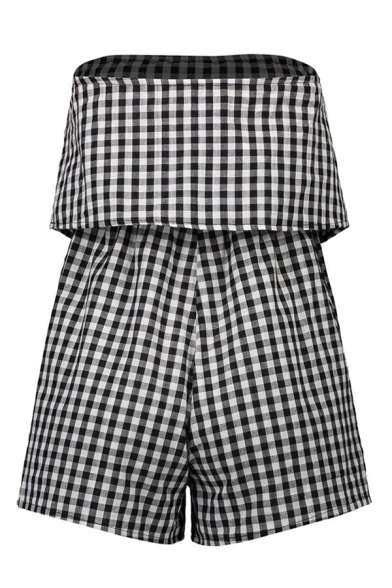 Summer Fashion Layered Tiered Gingham Plaids Pattern Shorts Bandeau Romper