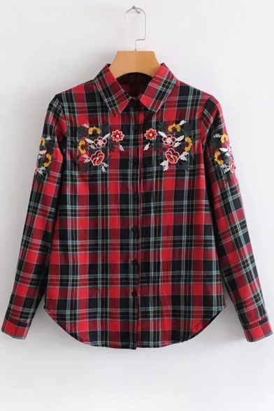 Trendy Floral Embroidered Plaid Long Sleeve Lapel Shirt