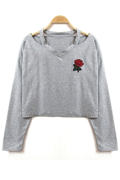 Trendy Floral Embroidery V-Neck Long Sleeves Casual Cropped Tee