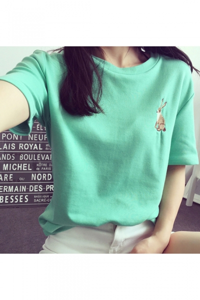 Women's Fashion Rabbit Embroidery Round Neck Short Sleeves Casual Tee