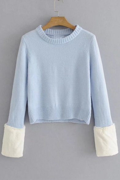 Basic Plain Round Neck Long Sleeve Cropped Pullover Sweater