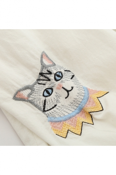Cartoon Cat Embroidered Long Sleeve Peter Pan Collar Ruffle Detail Shirt
