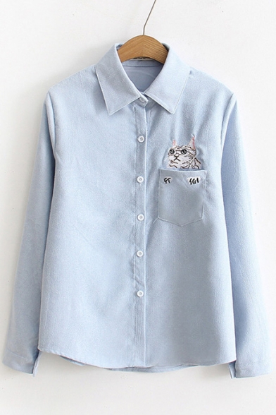 Cartoon Cat Embroidered Pocket Long Sleeve Lapel Button Down Shirt