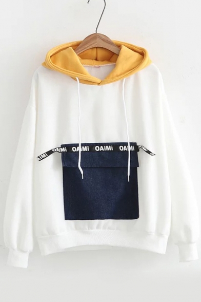 Chic Color Block Letter Pocket Embellished Long Sleeves Pullover Loose Hoodie