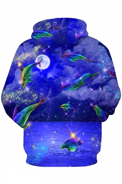 Chic Dolphin Sea Moon Night Pattern Long Sleeves Pullover Hoodie with Pocket