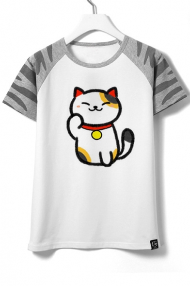 Chic Fortune Lucky Cat Cartoon Color Block Round Neck Short Sleeves Summer T-shirt