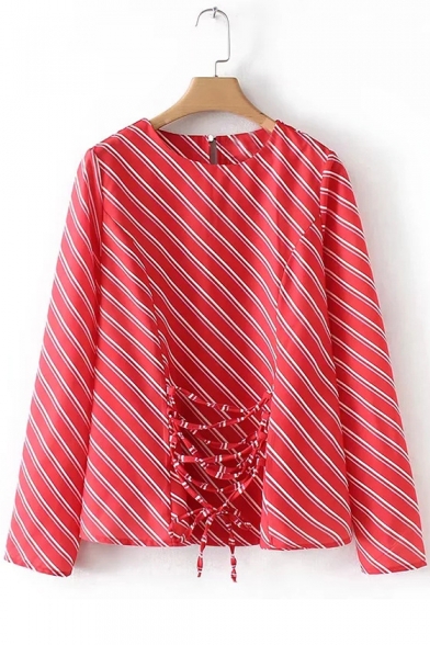 Classic Striped Print Tie Front Long Sleeve Round Neck Blouse