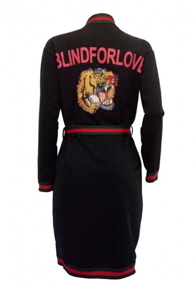 Cool Tiger Letter Striped Pattern Wrap Front Belted Bow Longline Coat