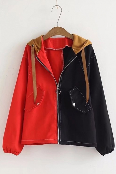 Fancy Color Block Cat Letter Printed Hooded Zippered Flap-Pockets Jacket