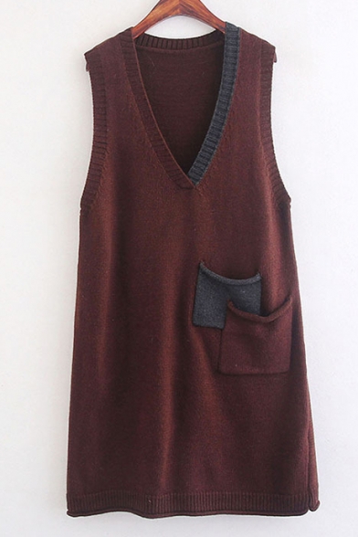 Fashion Color Block Print V-Neck Tunic Pullover Vest Sweater with Pocket