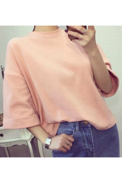 Hot Fashion Crew Neck Wide Sleeves Turn-up Cuffs Loose Spring Tee