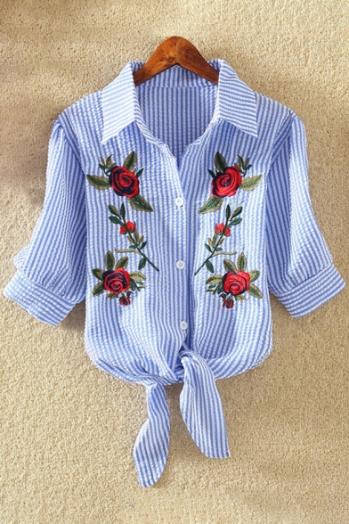 Hot Fashion Floral Embroidered Short Sleeves Lapel Button Bow Tie-Front Cropped Shirt