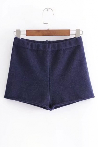 Elastic Waist Simple Plain Knitted Shorts