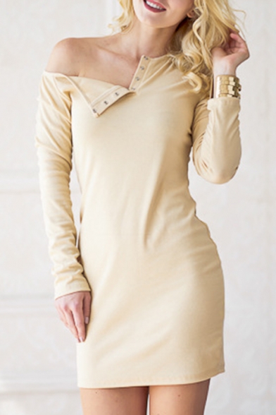 Popular One Shoulder Plain Button Detail Bodycon Mini Dress