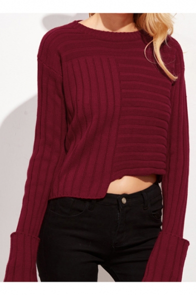 Popular Plain Round Neck Long Sleeves Asymmetrical Hem Ribbed Pullover Sweater