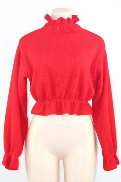 Retro Ruffle Trim Long Sleeves Knitted Cropped Pullover Sweater