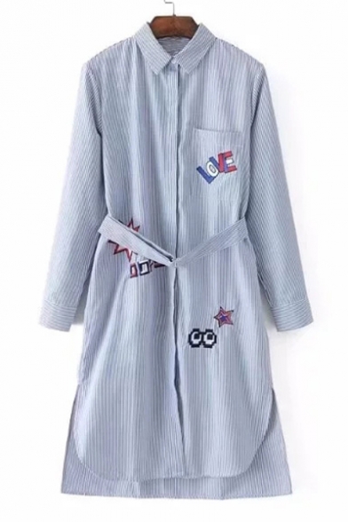 Star Letter Embroidered Striped Pattern Lapel Belt Waist Dip Hem Tunic Shirt with Pocket