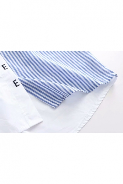 Stylish Color Block Striped Letter Coffee Embroidered Long Sleeves Button Down Shirt