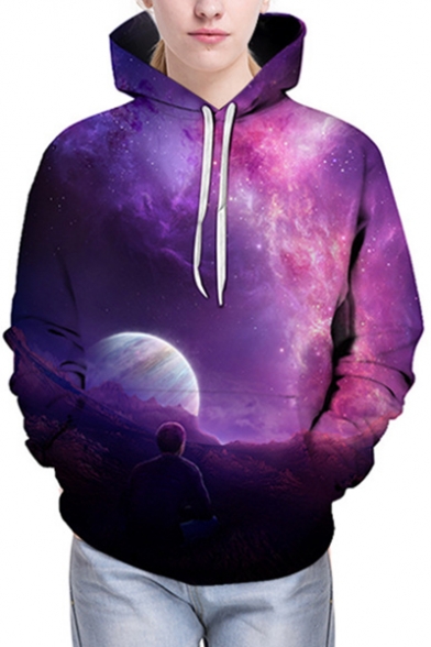 Stylish Moon Galaxy Sky Printed Long Sleeves Pullover Hoodie with Pocket