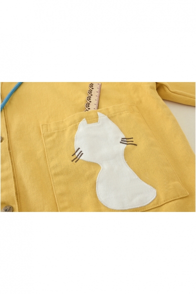 Trendy Cartoon Cat Color Block Pattern Long Sleeve Single Breasted Hooded Coat