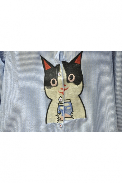 Trendy Cartoon Cat Embroidered Striped Pattern Lapel Long Sleeve Tunic Shirt