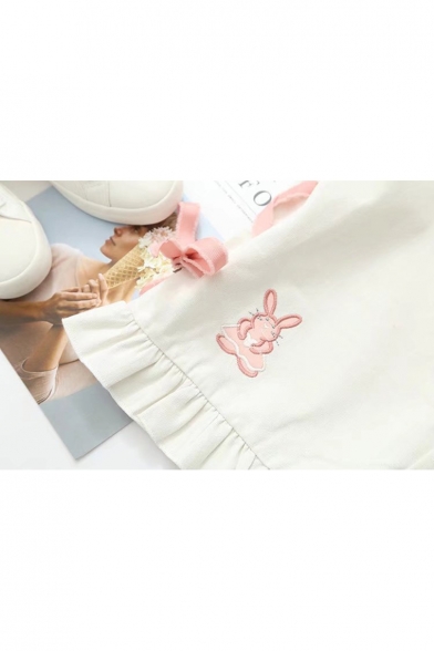 Trendy Embroidery Cartoon Rabbit Print Ruffle Trim Elastic Waist Wide Leg Pants