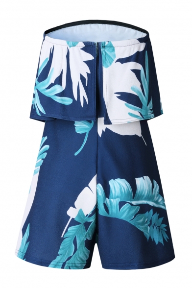 Trendy Leaf Tropical Plant Printed Layered Tiered Wide Leg Romper