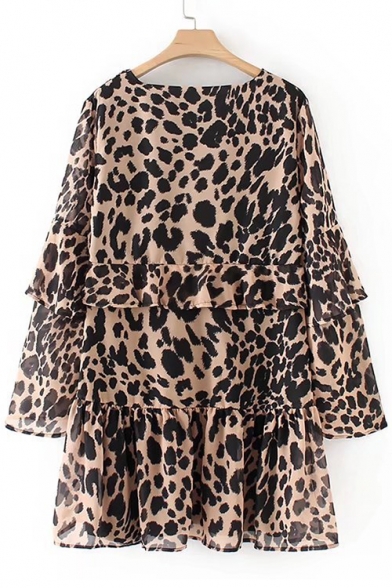 Trendy Leopard Panther Pattern V-Neck Bell Layered Sleeves Layered Tiered Smock Mini Dress