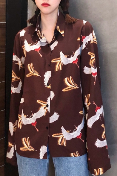 Unique Allover Crane Pattern Point Collar Long Sleeves Button Down Shirt