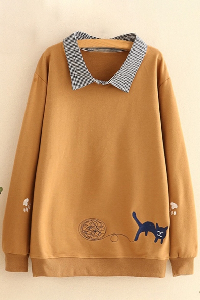 Cat Embroidered Layer Lapel Collar Long Sleeve Pullover Sweatshirt