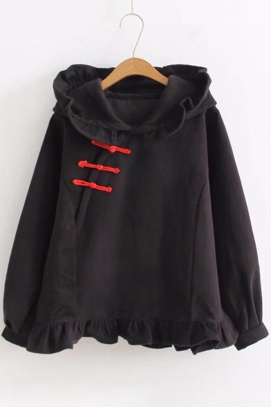 Chic Chinese Embroidered Button Long Sleeve Ruffle Trim Hooded Cape