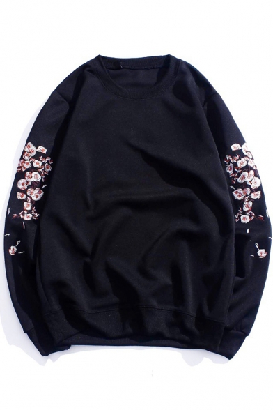 Chic Floral Print Long Sleeve Round Neck Pullover Sweatshirt