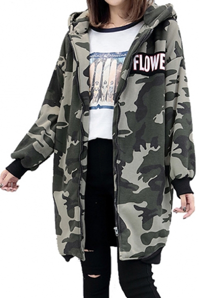 Chic Letter Camouflage Print Long Sleeve Zipper Tunic Hooded Coat