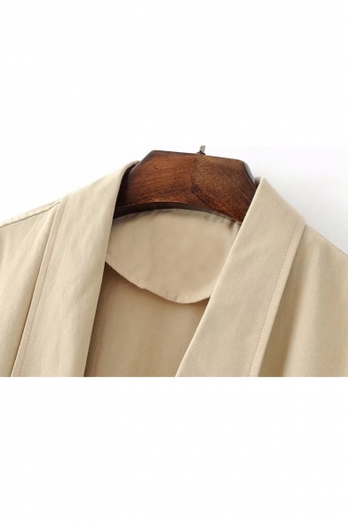 Double Buttons Lapel Collar Long Sleeve Plain Elastic Waist Coat with Faux Pocket