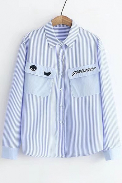 Embroidery Eye Letter Pattern Long Sleeve Lapel Single Breasted Striped Shirt