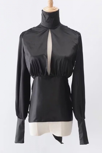 Fabulous High Neck Long Blouson Sleeves Cutout Hollow Bow Tie-Back Cropped Blouse