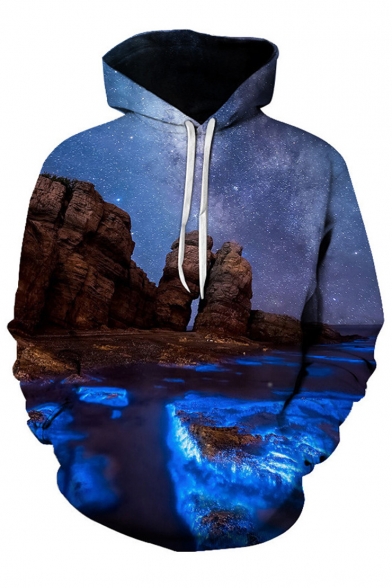 Fabulous Landscape Sea Cliff Galaxy Printed Long Sleeves Pullover Hoodie with Pocket