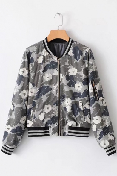 Floral Camouflage Pattern Stand Up Collar Long Sleeve Baseball Jacket