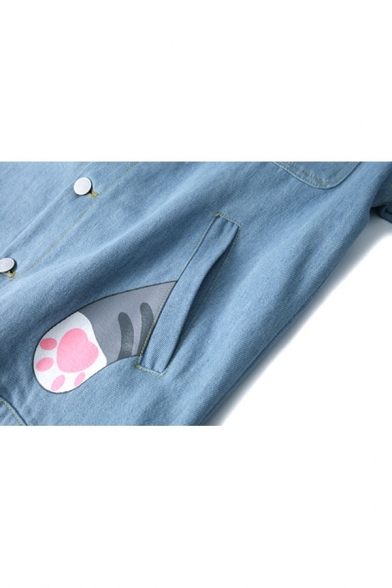 Lovely Cat Cartoon Letter Paw Printed Color Block Button Down Hooded Ears Pockets Denim Jacket