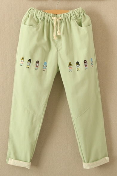 Lovely Soldiers Embroidered Drawstring Waist Roll Cuff Pants