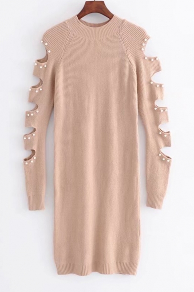 New Stylish Hollow Out Long Sleeve Simple Plain Beaded Knitted Bodycon Dress