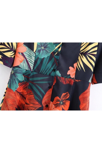 Pop Floral Print Collar Button Half Sleeve Shirt Dress