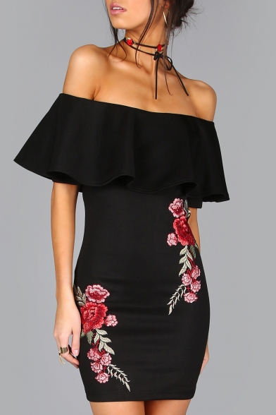 Stylish Floral Embroidered Off the Shoulder Ruffle Detail Bodycon Mini Dress
