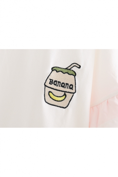 Trendy Banana Drink Embroidered Layered Cuff Ruffle Short Sleeves Summer Tee