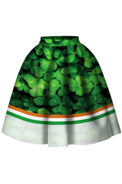 Trendy Color Block Elastic Waist Clover Printed Flared Midi Skirt